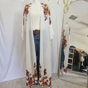 Max Fashion Floral Maxi Kimono Duster Open Front Boho Cover Up L/XL